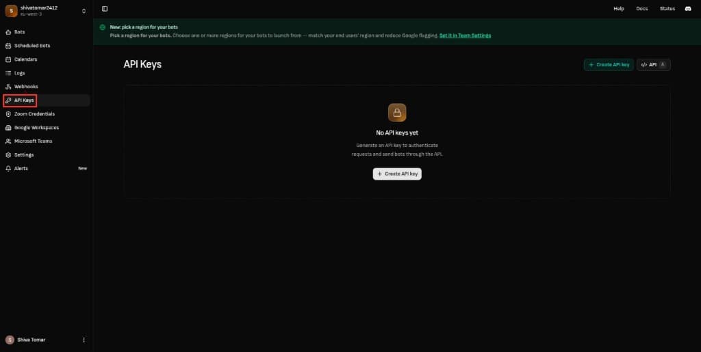 The API Keys page in the Meeting BaaS dashboard