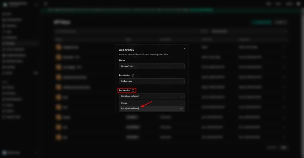 The Add API Key dialog, with Bot version set to Beta (pre-release)