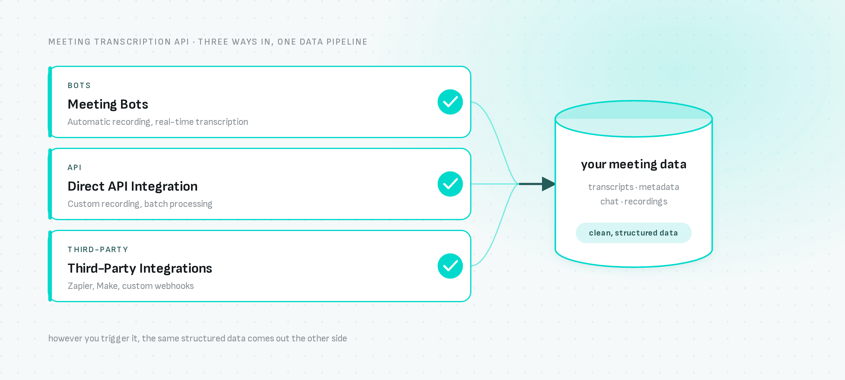 Three integration paths — meeting bots, direct API calls, and third-party tools like Zapier and Make — all feed the same structured meeting data pipeline of transcripts, metadata, chat, and recordings